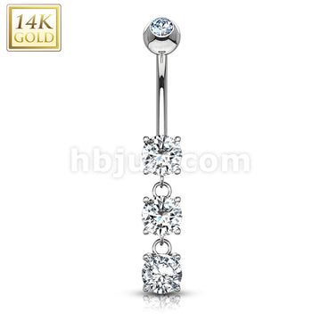 14KT  Gold 14K Gold Three Round CZs Dangle Fancy Navel Ring - Image 2