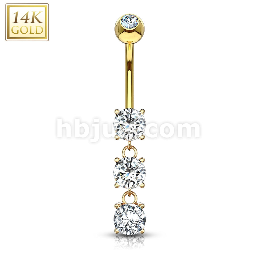 14KT  Gold 14K Gold Three Round CZs Dangle Fancy Navel Ring - Image 3