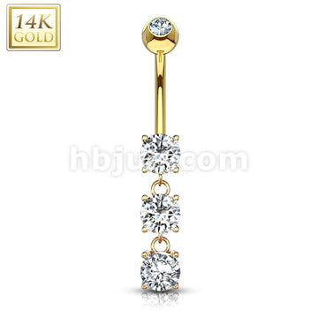 14KT  Gold 14K Gold Three Round CZs Dangle Fancy Navel Ring - Image 3