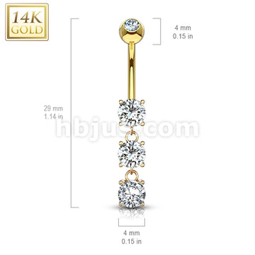 14KT  Gold 14K Gold Three Round CZs Dangle Fancy Navel Ring - Image 4