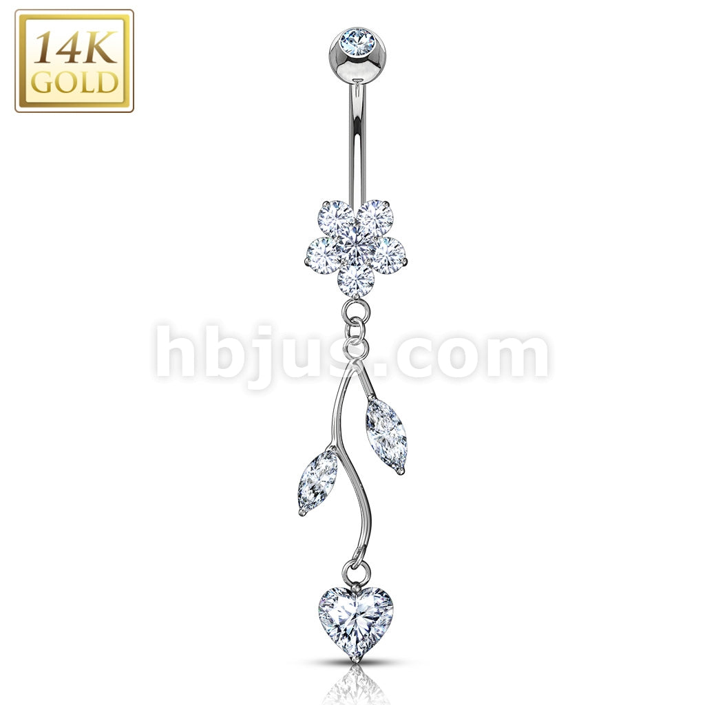 14KT  Gold 14K Gold Vine CZ Dangle Flower Navel Belly Button Ring - Image 2