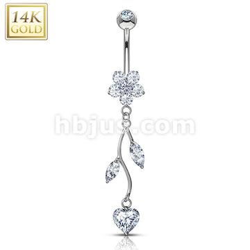 14KT  Gold 14K Gold Vine CZ Dangle Flower Navel Belly Button Ring - Image 2