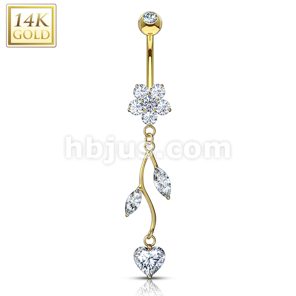 14KT  Gold 14K Gold Vine CZ Dangle Flower Navel Belly Button Ring - Image 3