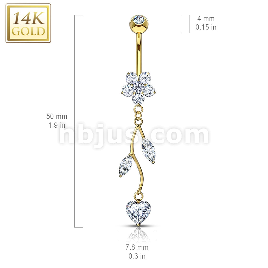 14KT  Gold 14K Gold Vine CZ Dangle Flower Navel Belly Button Ring - Image 4