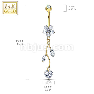 14KT  Gold 14K Gold Vine CZ Dangle Flower Navel Belly Button Ring - Image 4