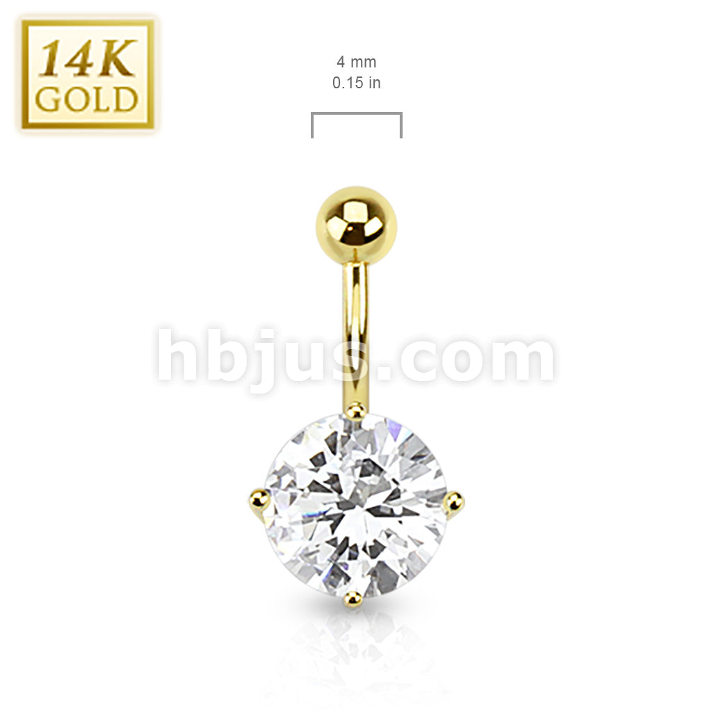 14KT  Gold 14K Gold Cubic Zirconia Round Prong Set Navel Belly Button Ring - Image 2