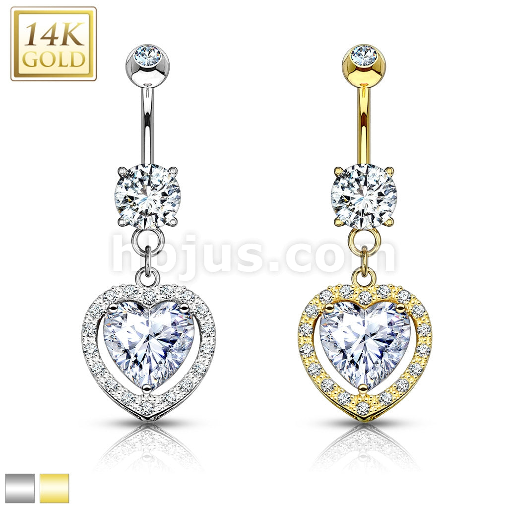 14KT  Gold Heart Dangle with Heart Shaped Solitaire CZ 14KT Gold Dangle...