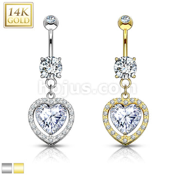 14KT  Gold Heart Dangle with Heart Shaped Solitaire CZ 14KT Gold Dangle...