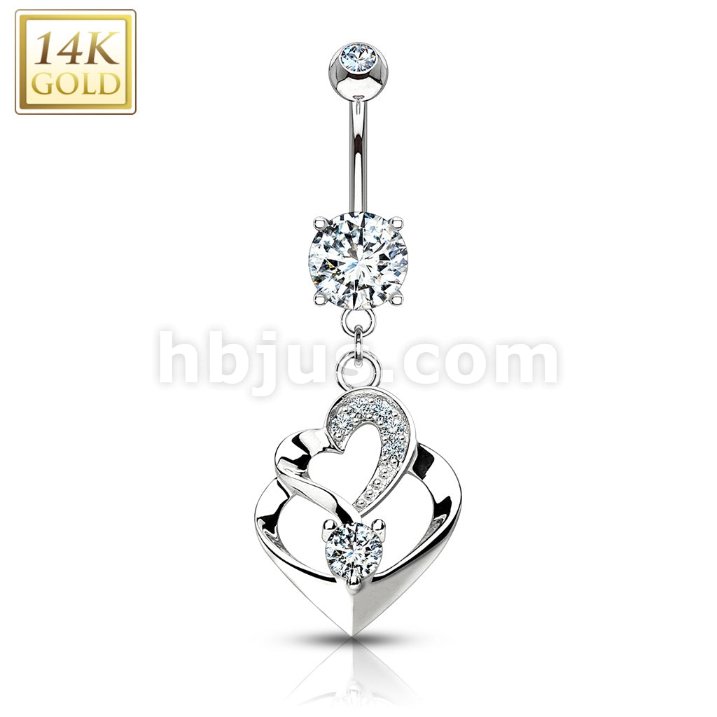14KT  Gold Double Heart Dangle with CZ 14KT Gold Dangle Navel Ring - Image 2