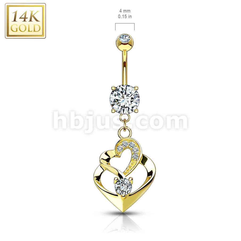 14KT  Gold Double Heart Dangle with CZ 14KT Gold Dangle Navel Ring - Image 4