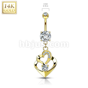 14KT  Gold Double Heart Dangle with CZ 14KT Gold Dangle Navel Ring - Image 4