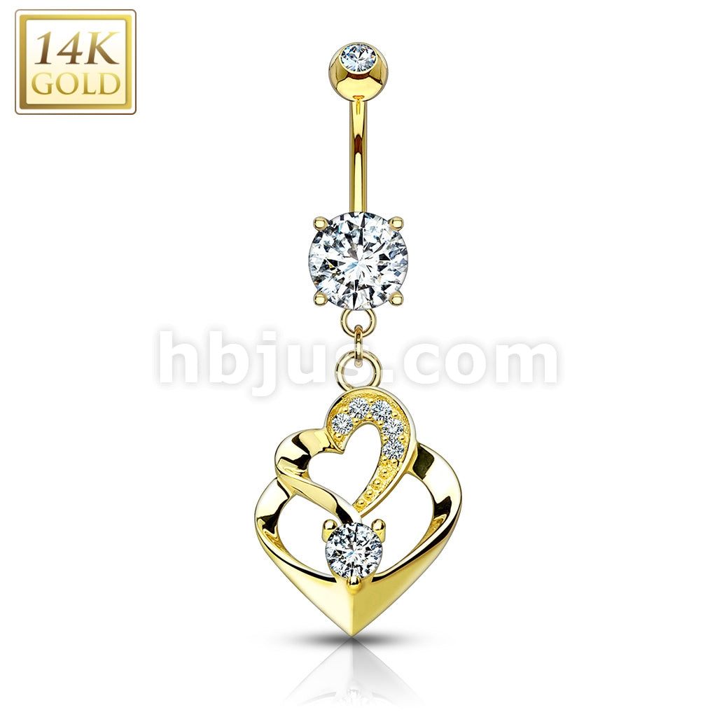 14KT  Gold Double Heart Dangle with CZ 14KT Gold Dangle Navel Ring - Image 3