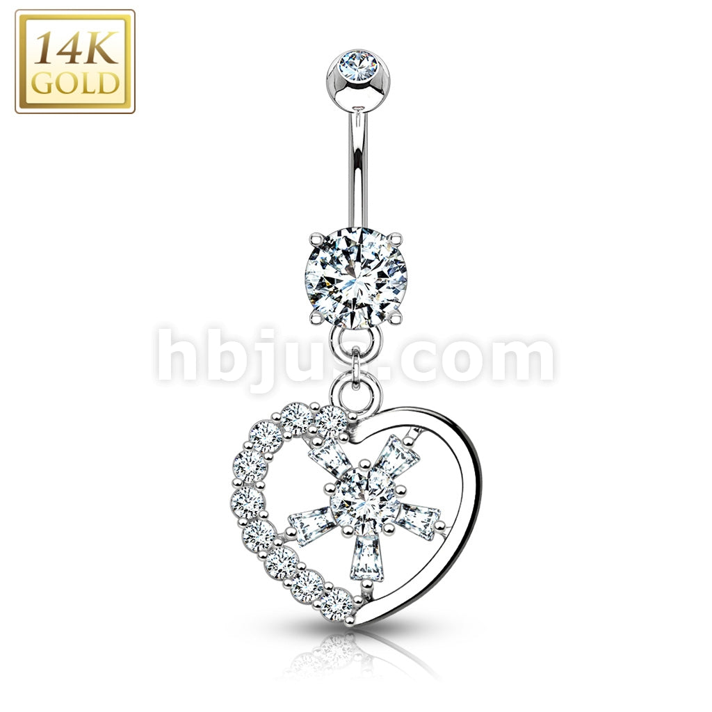 14KT  Gold Gemmed Heart with CZ Spoke Center 14KT Gold Dangle Navel Ring - Image 2
