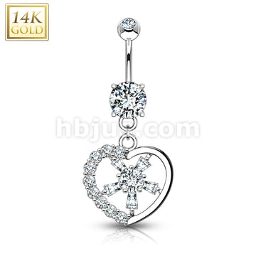 14KT  Gold Gemmed Heart with CZ Spoke Center 14KT Gold Dangle Navel Ring - Image 2