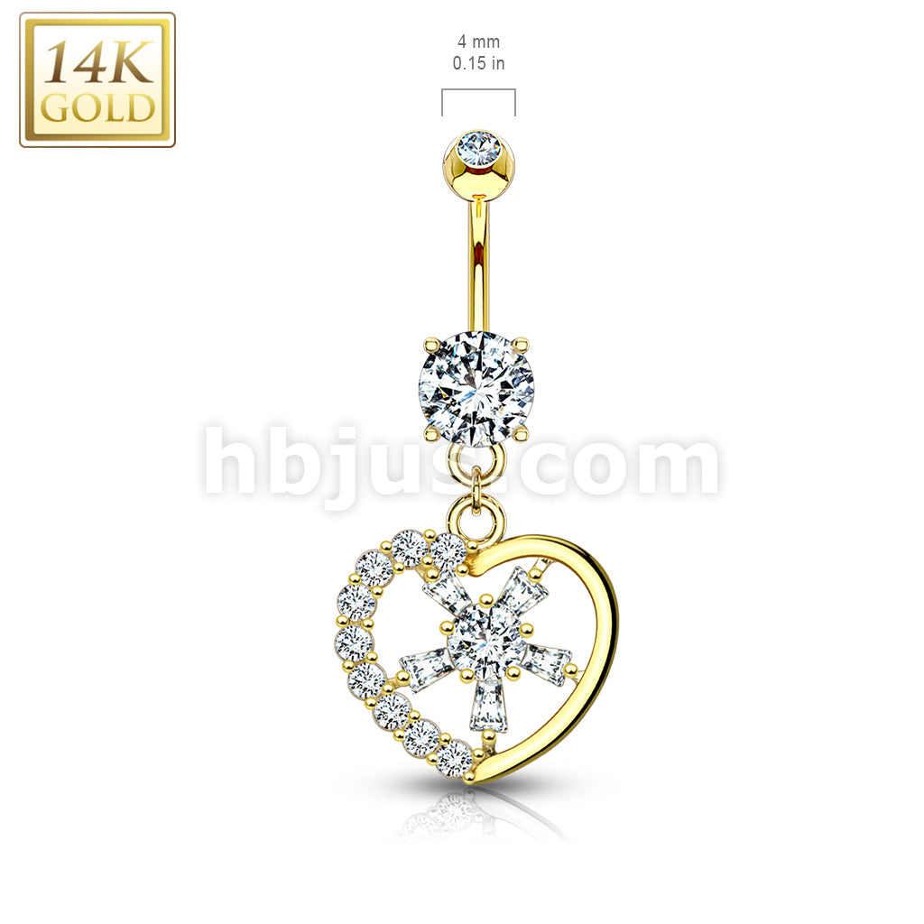 14KT  Gold Gemmed Heart with CZ Spoke Center 14KT Gold Dangle Navel Ring - Image 4