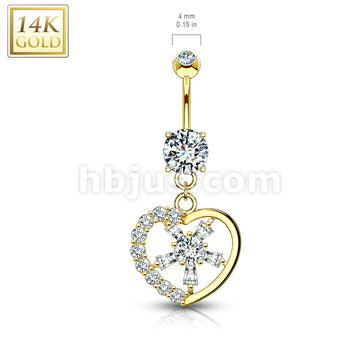 14KT  Gold Gemmed Heart with CZ Spoke Center 14KT Gold Dangle Navel Ring - Image 4