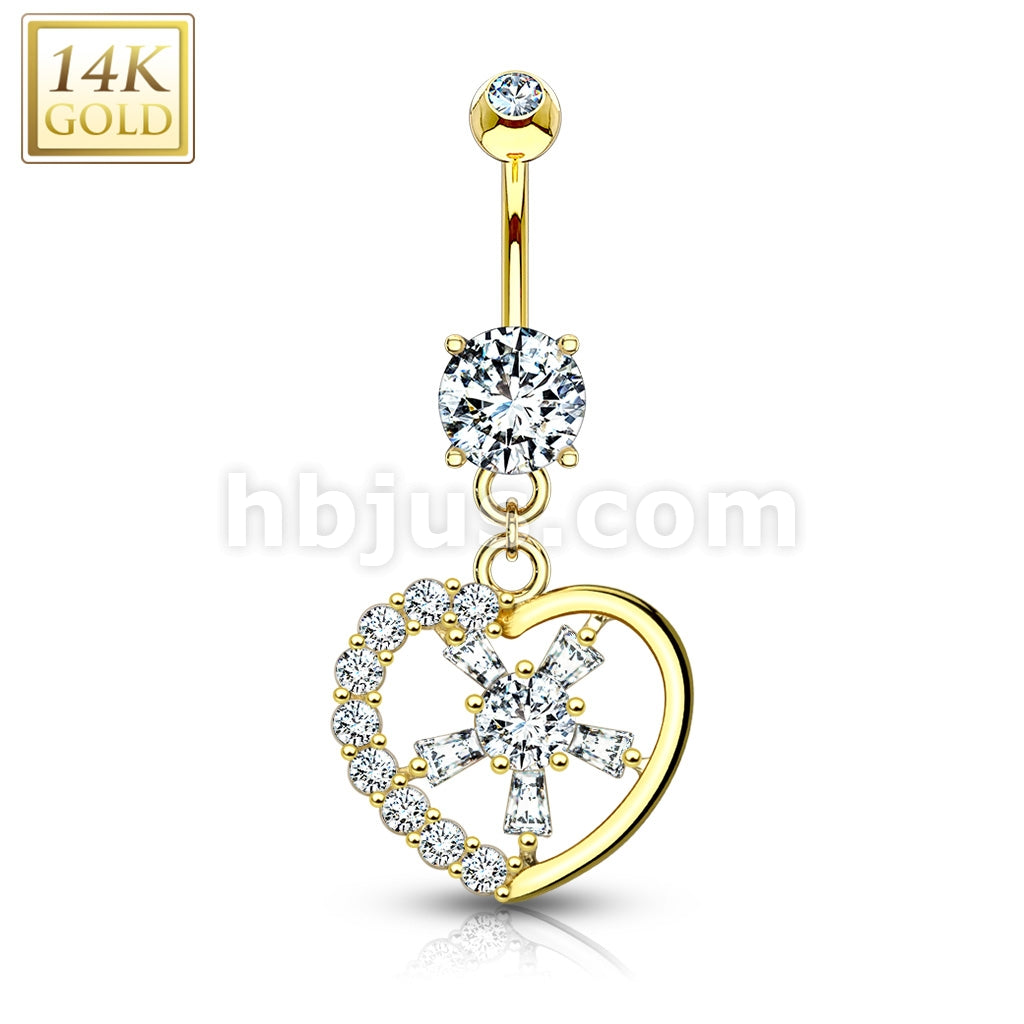14KT  Gold Gemmed Heart with CZ Spoke Center 14KT Gold Dangle Navel Ring - Image 3