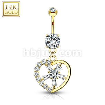14KT  Gold Gemmed Heart with CZ Spoke Center 14KT Gold Dangle Navel Ring - Image 3
