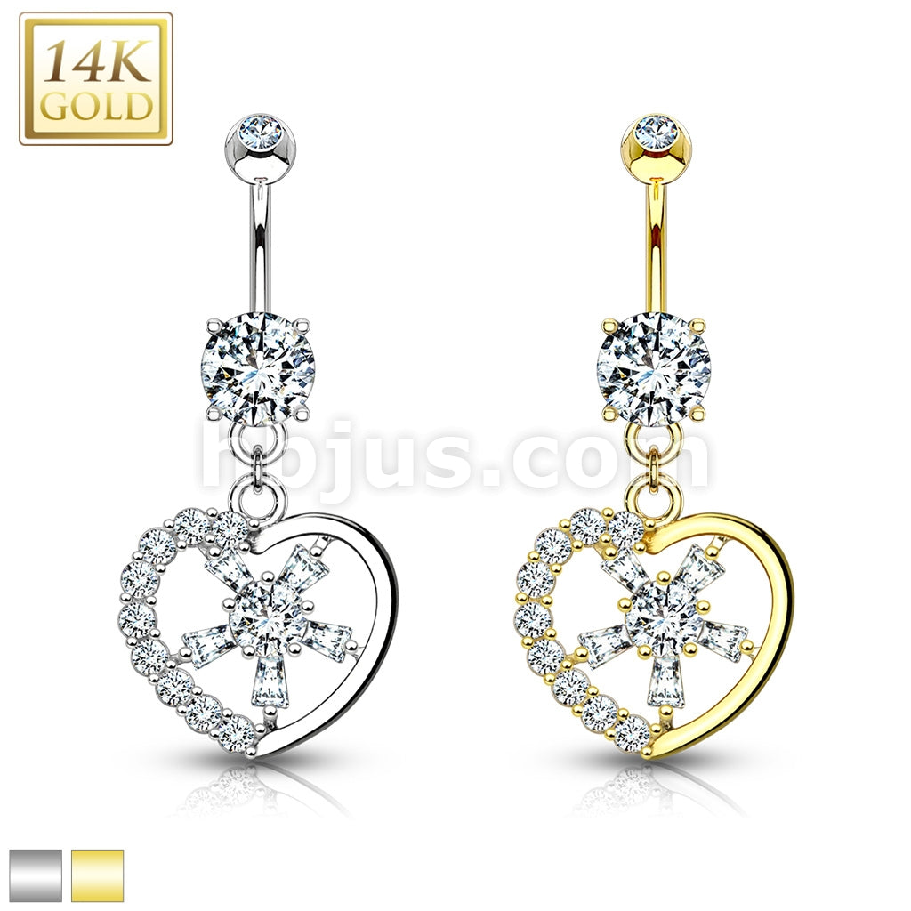 14KT  Gold Gemmed Heart with CZ Spoke Center 14KT Gold Dangle Navel Ring