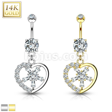 14KT  Gold Gemmed Heart with CZ Spoke Center 14KT Gold Dangle Navel Ring