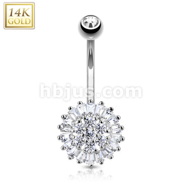 14KT  Gold Clear CZ Sun Flower 14 Karat Solid Gold Navel Ring - Image 2