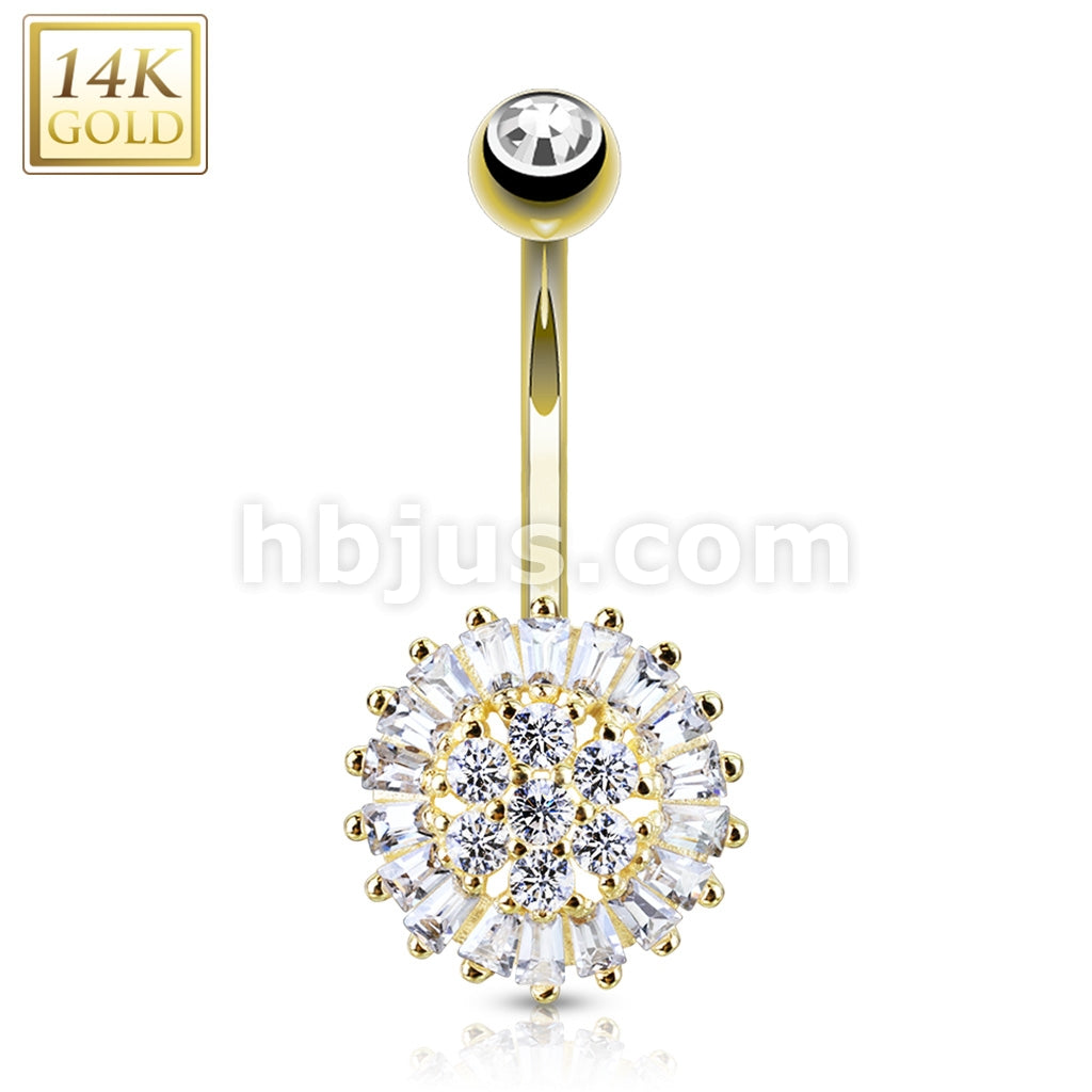 14KT  Gold Clear CZ Sun Flower 14 Karat Solid Gold Navel Ring - Image 3