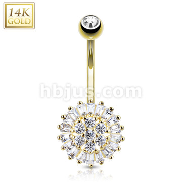 14KT  Gold Clear CZ Sun Flower 14 Karat Solid Gold Navel Ring - Image 3