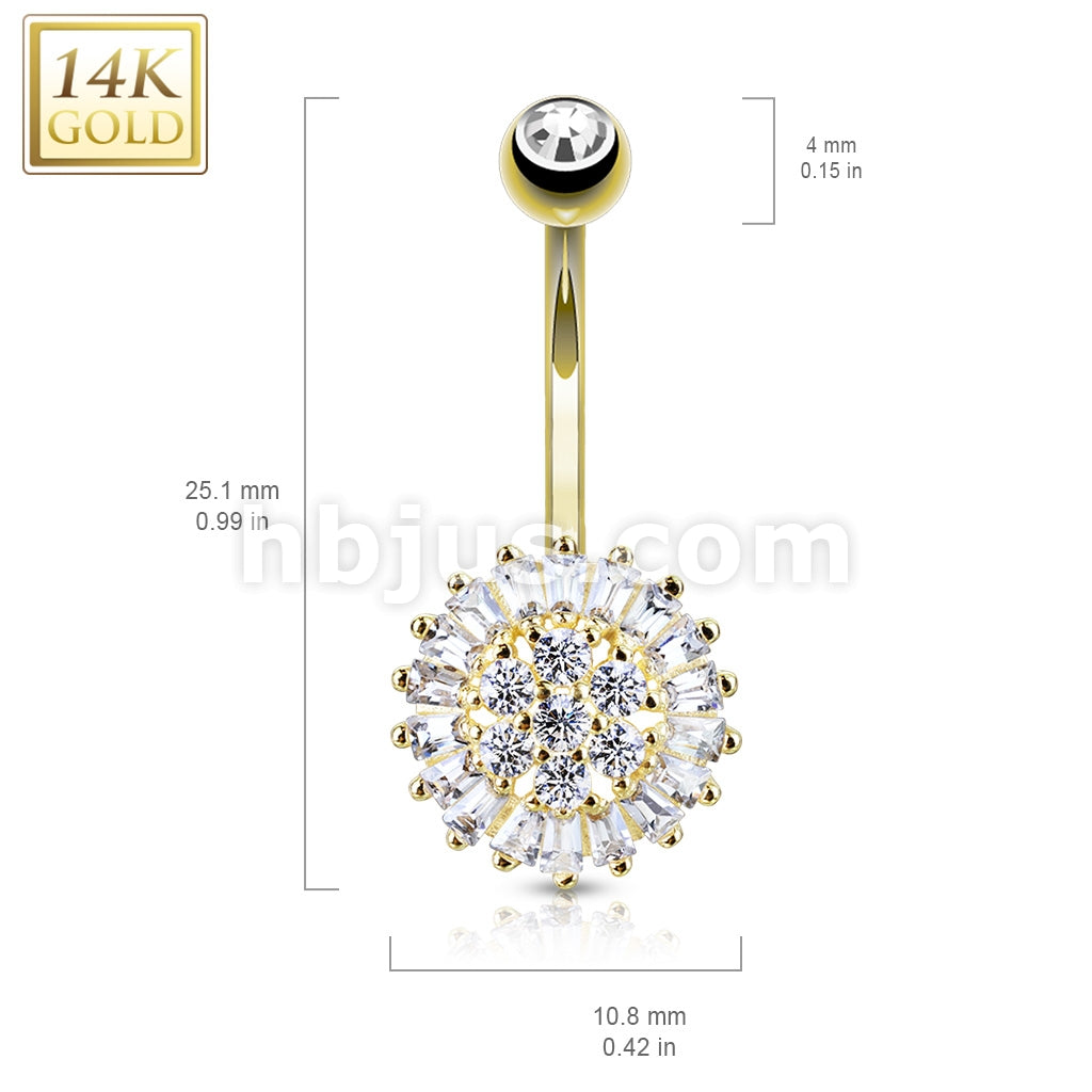 14KT  Gold Clear CZ Sun Flower 14 Karat Solid Gold Navel Ring - Image 4