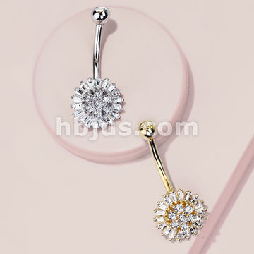 14KT  Gold Clear CZ Sun Flower 14 Karat Solid Gold Navel Ring - Image 6