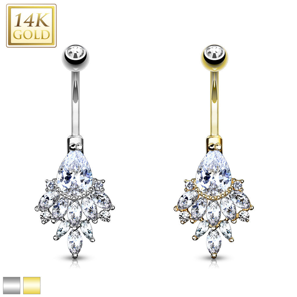 14KT Gold Pear CZ with Cascading Oval CZ Cluster 14 Karat Solid Gold...