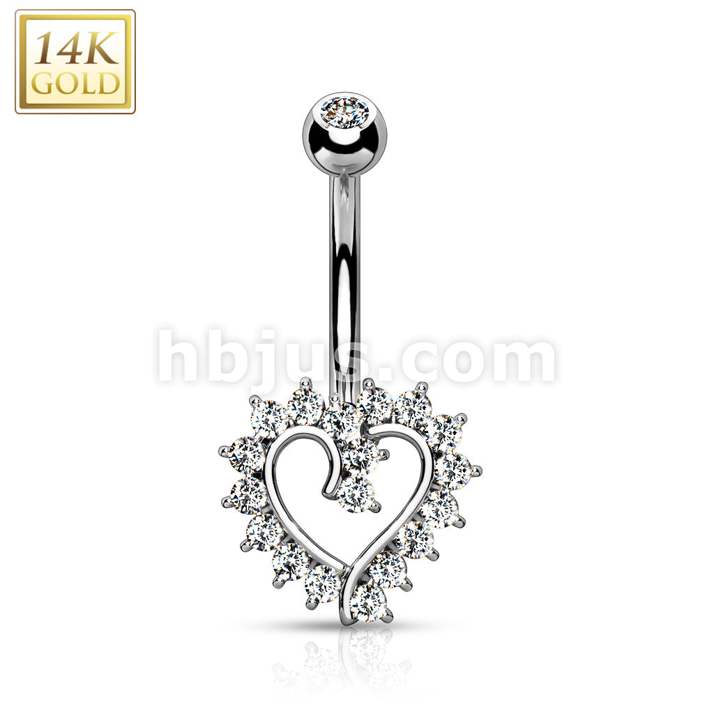 14KT  Gold 14K Gold CZ Paved Hollow Heart Belly Button Navel Ring - Image 3