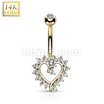 14KT  Gold 14K Gold CZ Paved Hollow Heart Belly Button Navel Ring - Image 4