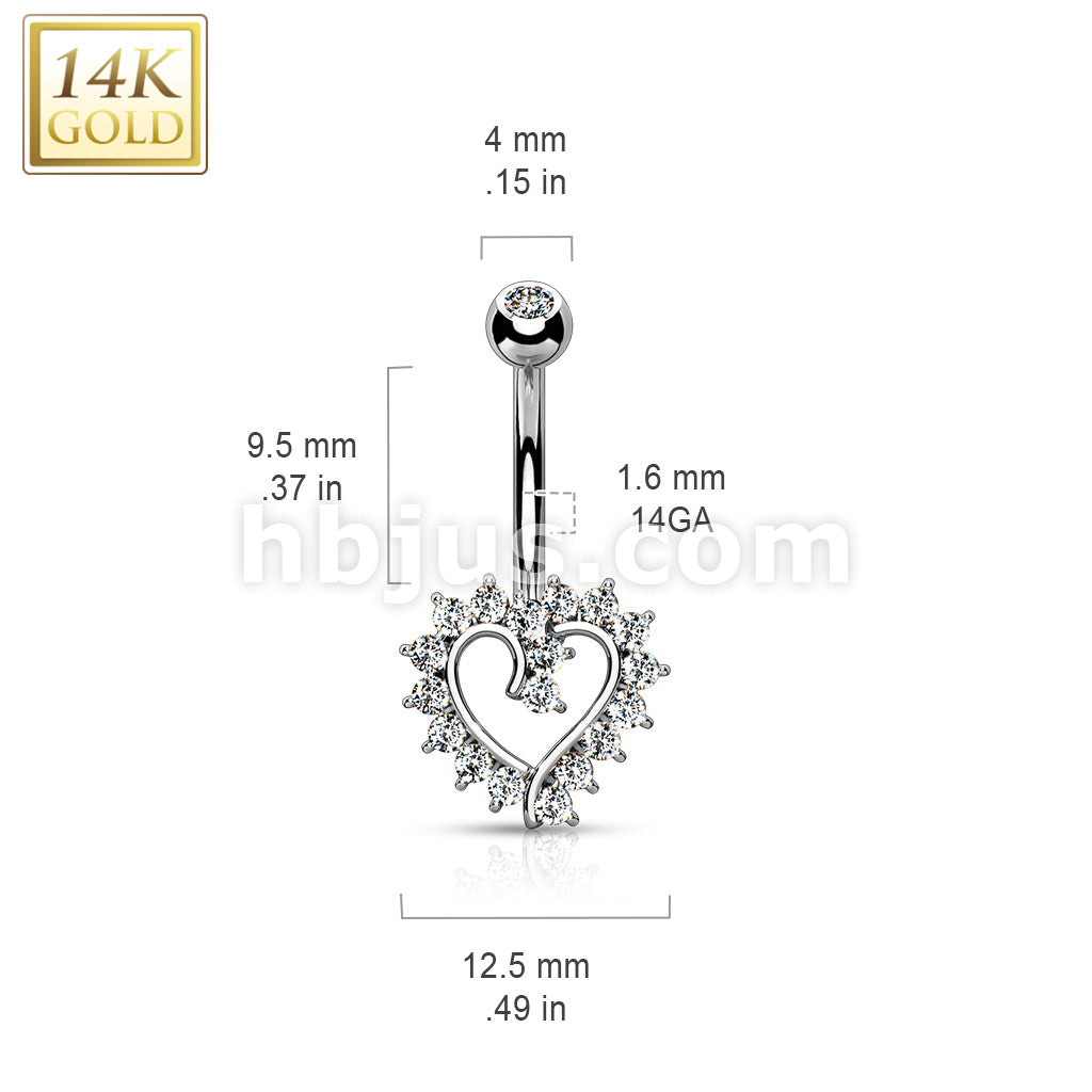 14KT  Gold 14K Gold CZ Paved Hollow Heart Belly Button Navel Ring - Image 5