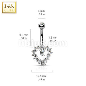 14KT  Gold 14K Gold CZ Paved Hollow Heart Belly Button Navel Ring - Image 5