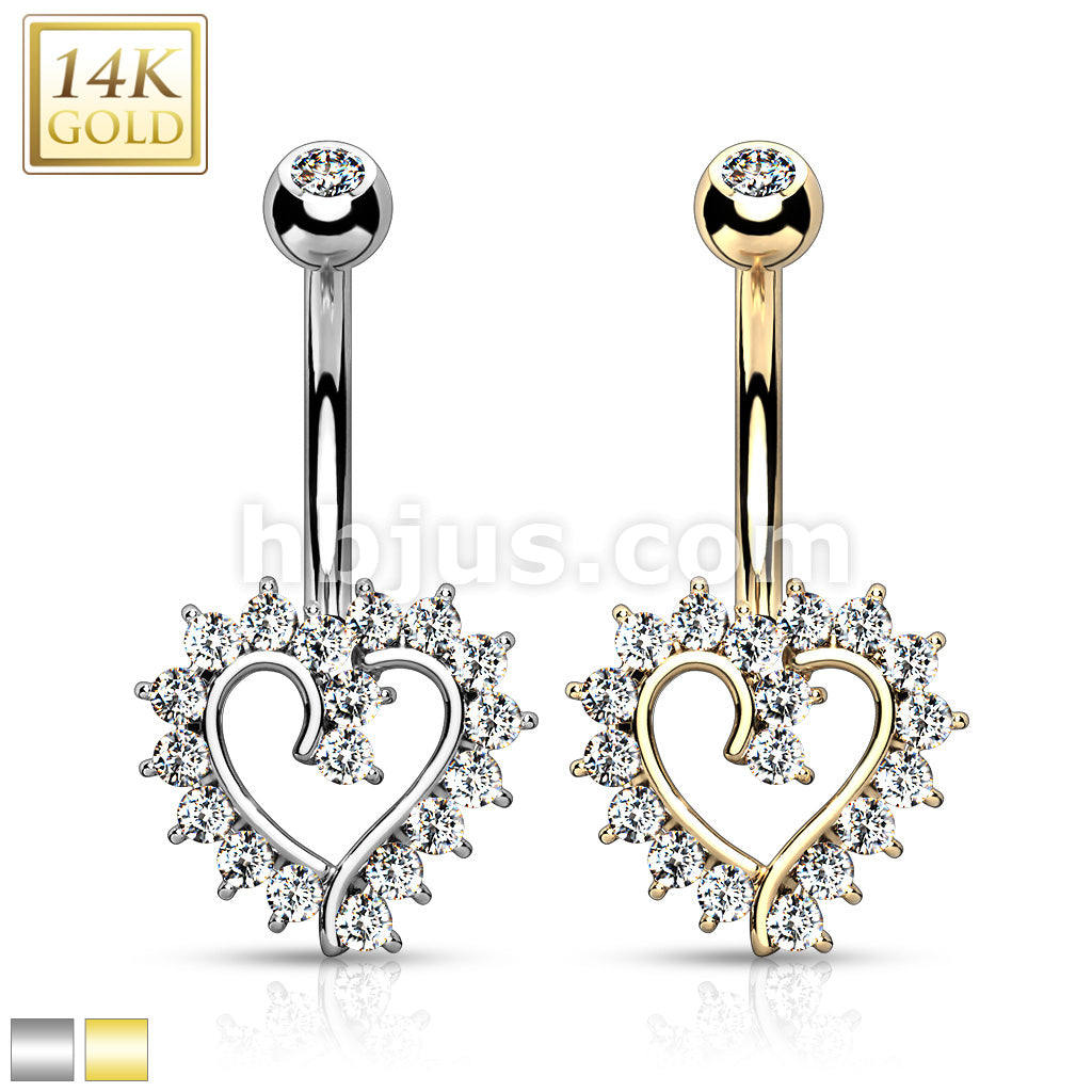 14KT  Gold 14K Gold CZ Paved Hollow Heart Belly Button Navel Ring - Image 2