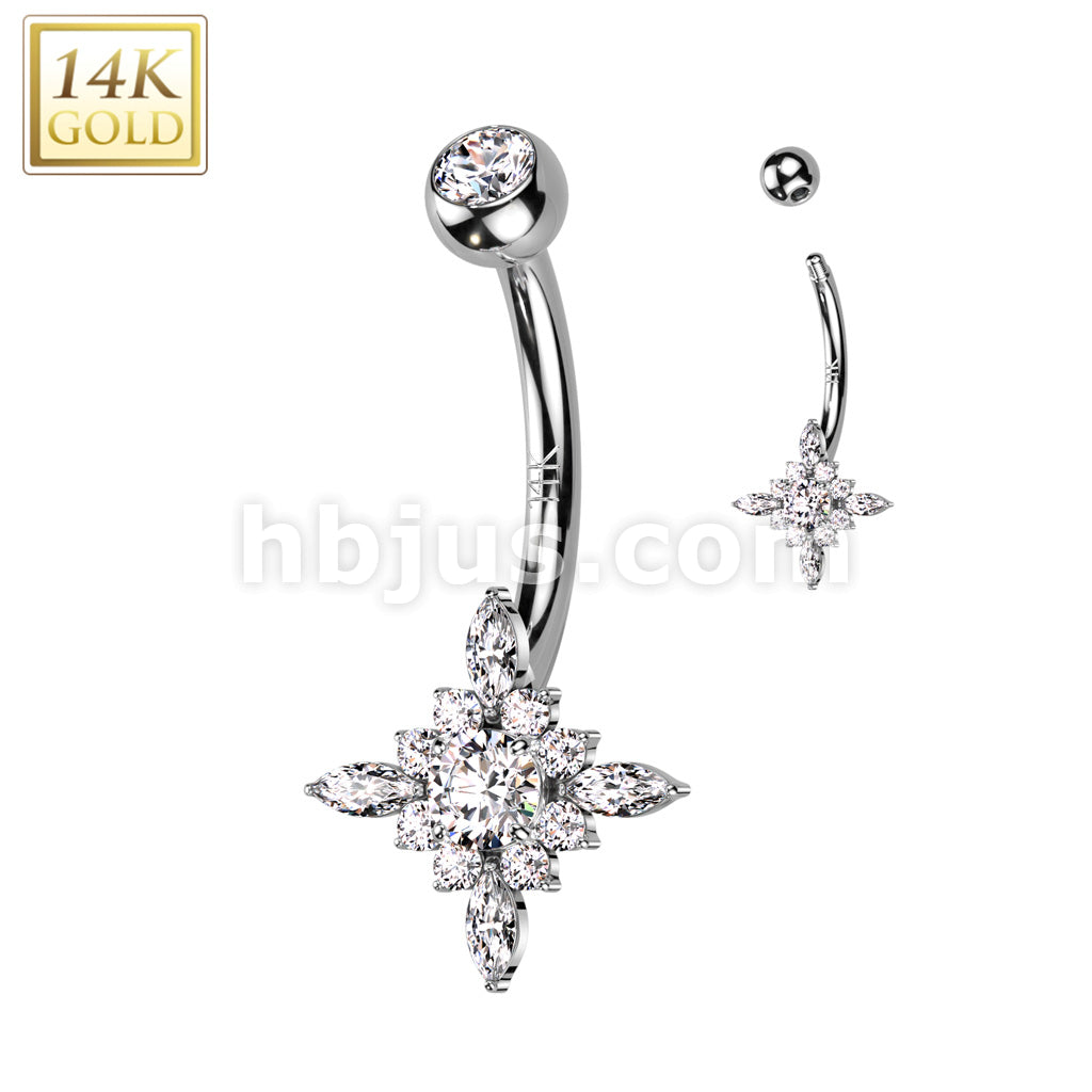 14K Gold Starburst With Top and Center Opal or CZ Belly Button Navel Ring - Image 3