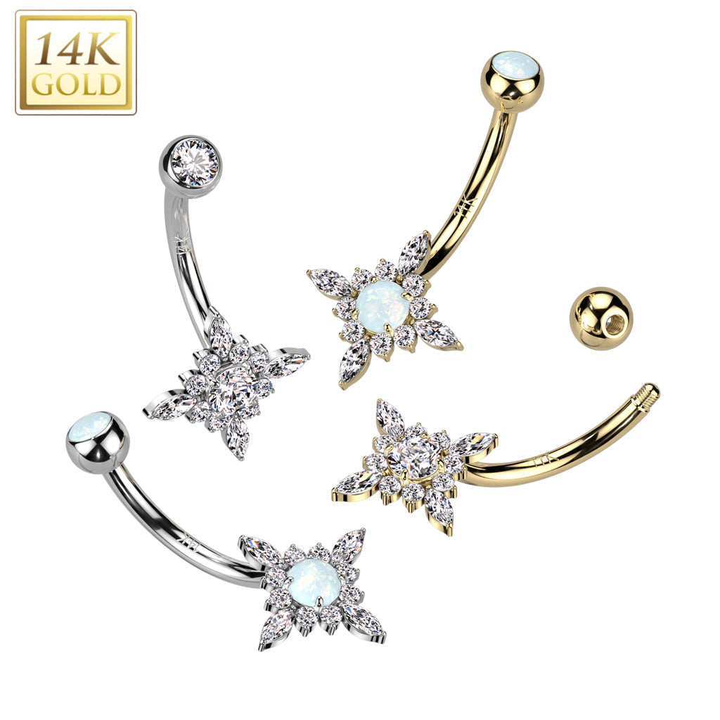 14K Gold Starburst With Top and Center Opal or CZ Belly Button Navel Ring