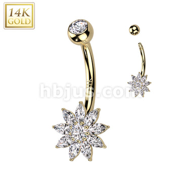 14KT  Gold 14K Gold CZ Flower Navel Belly Button Ring - Image 3