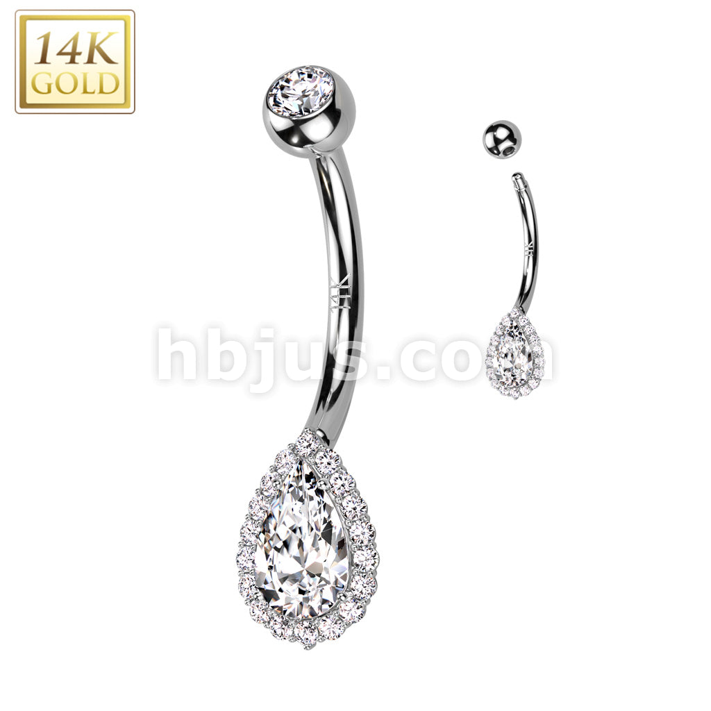 14K Gold Tear Drop With CZ Pave and Top and Center Opal or CZ Belly Button Navel Ring - Image 3