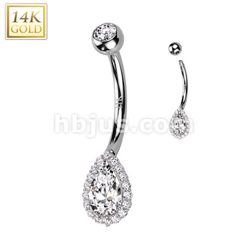 14K Gold Tear Drop With CZ Pave and Top and Center Opal or CZ Belly Button Navel Ring - Image 3