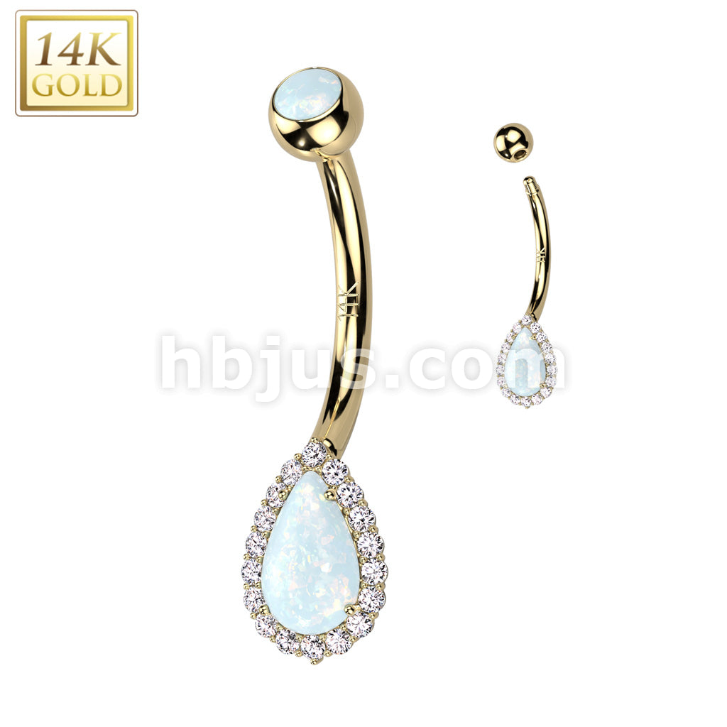 14K Gold Tear Drop With CZ Pave and Top and Center Opal or CZ Belly Button Navel Ring - Image 4