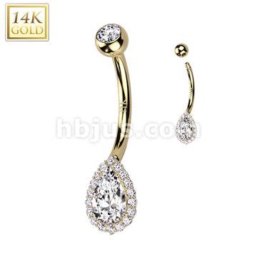 14K Gold Tear Drop With CZ Pave and Top and Center Opal or CZ Belly Button Navel Ring - Image 5