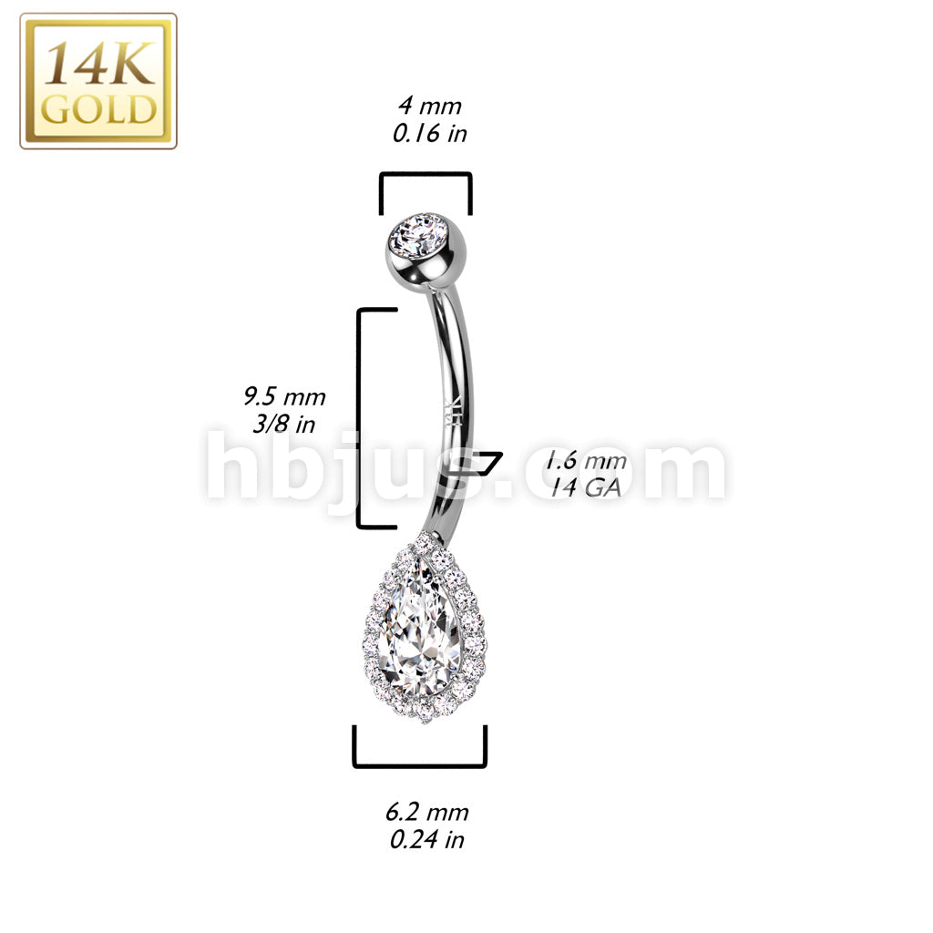 14K Gold Tear Drop With CZ Pave and Top and Center Opal or CZ Belly Button Navel Ring - Image 6