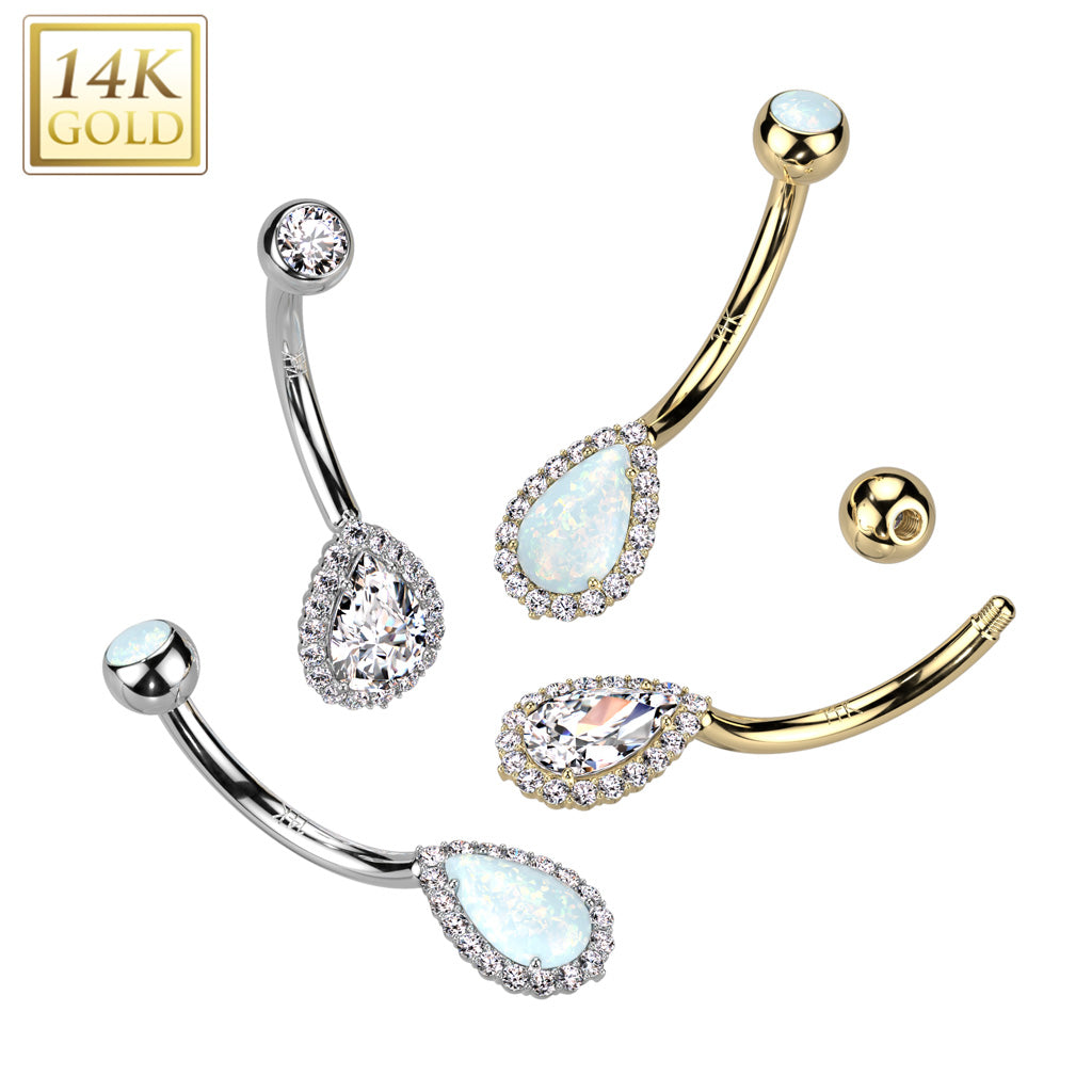 14KT Gold 14K Gold Tear Drop With CZ Pave and Top and Center Opal or...