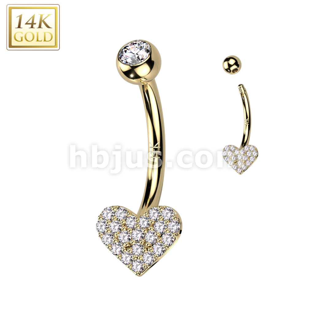14KT  Gold 14K Gold Heart CZ Pave Belly Button Navel Ring - Image 3