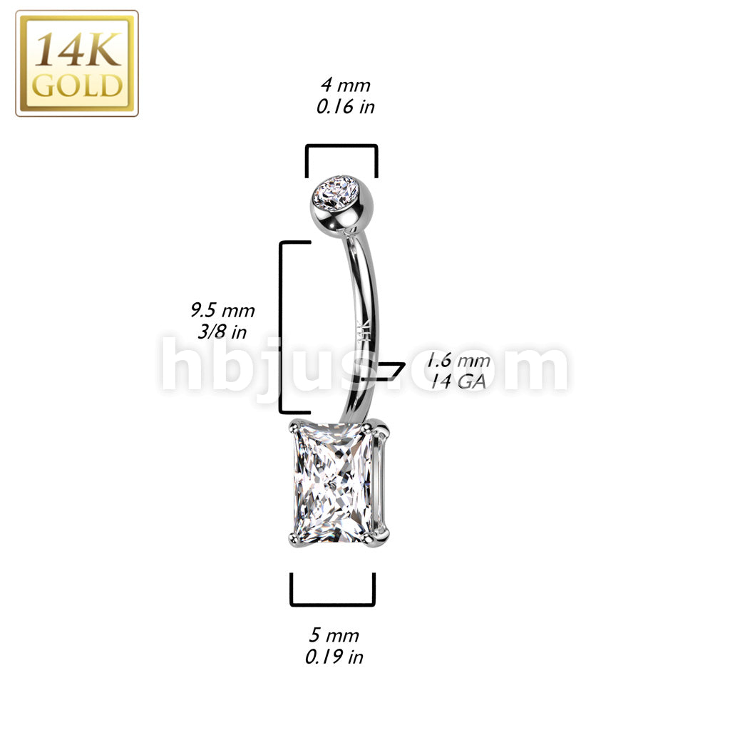 14K Gold Prong Set Princess Cut Baguette CZ Belly Button Navel Ring - Image 6