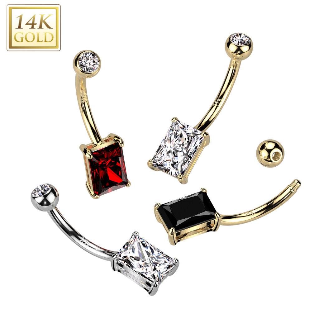 14K Gold Prong Set Princess Cut Baguette CZ Belly Button Navel Ring