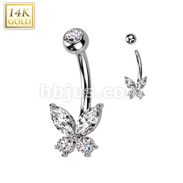 14KT  Gold 14K Gold CZ or Opal Butterfly Belly Button Navel Ring - Image 3