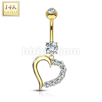 14KT  Gold 14K Gold Clear CZ Journey Heart Navel Ring - Image 3