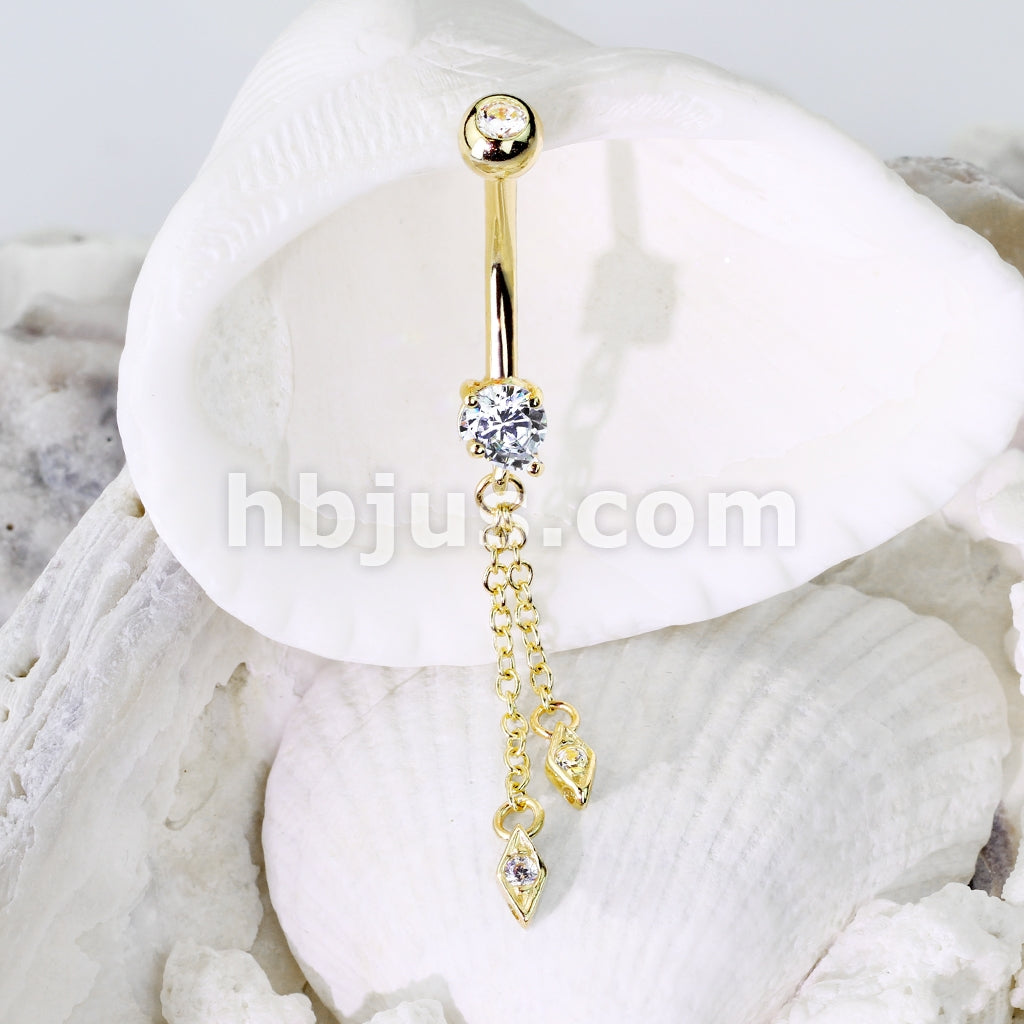 14KT  Gold 14K Gold Hanging Jeweled Dangle CZ Prong Navel Belly Button Ring - Image 5